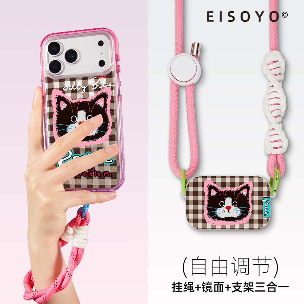 Cordão traseiro para celular, cordão com pingente, junta, corrente de pulso, corpo cruzado, xadrez feminino, desenho ani
