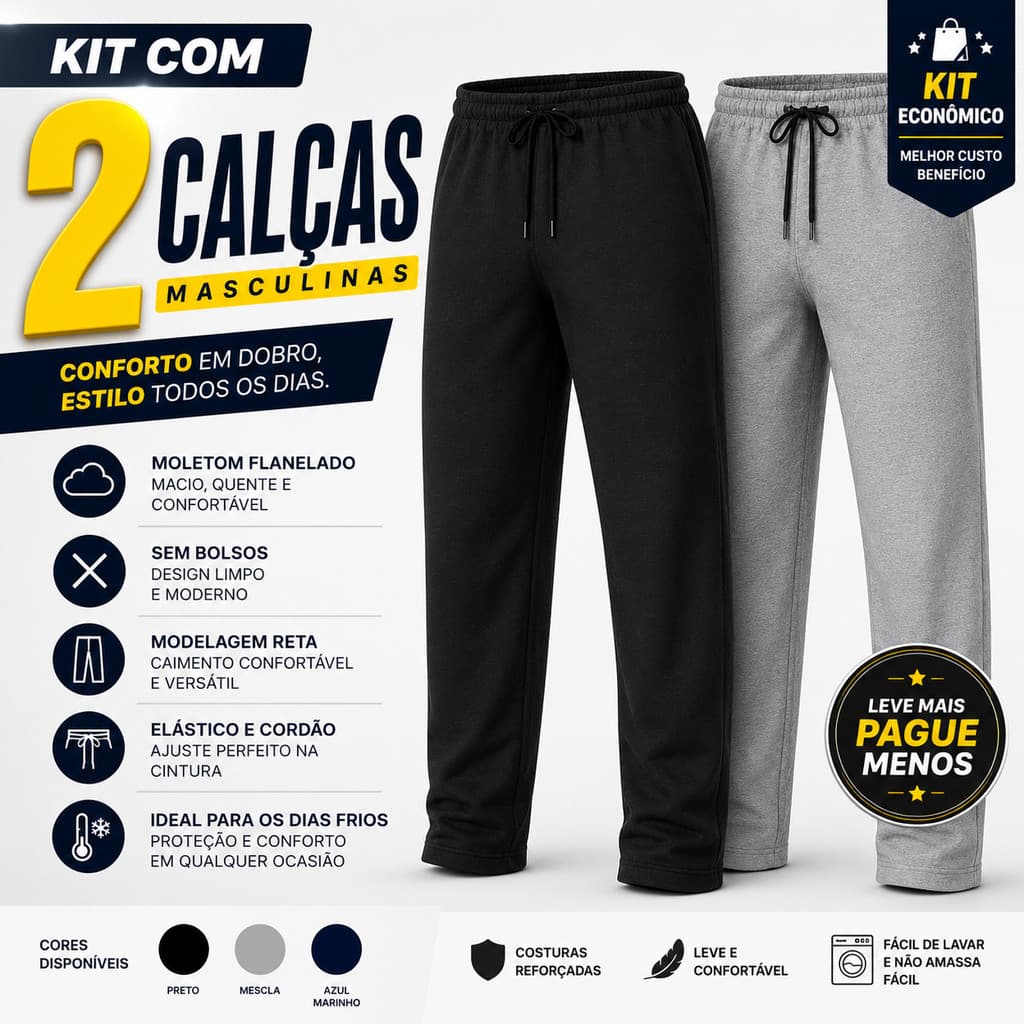 KIT 2 Calça Moletom Grossa Flanelado  unissex sem Bolso Confortavel  Inverno Solta Dia a Dia Masculina