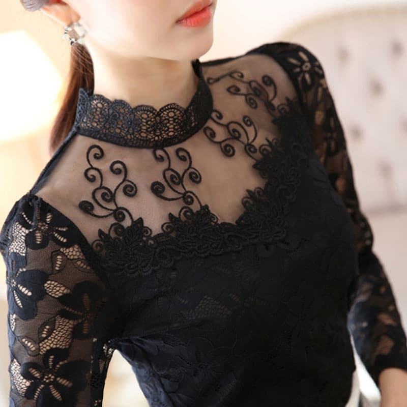 Blusa Elegante de Renda para Mulheres, Manga Longa, Estilo Coreano, Slim, Preta, Camisa Básica Nova 123