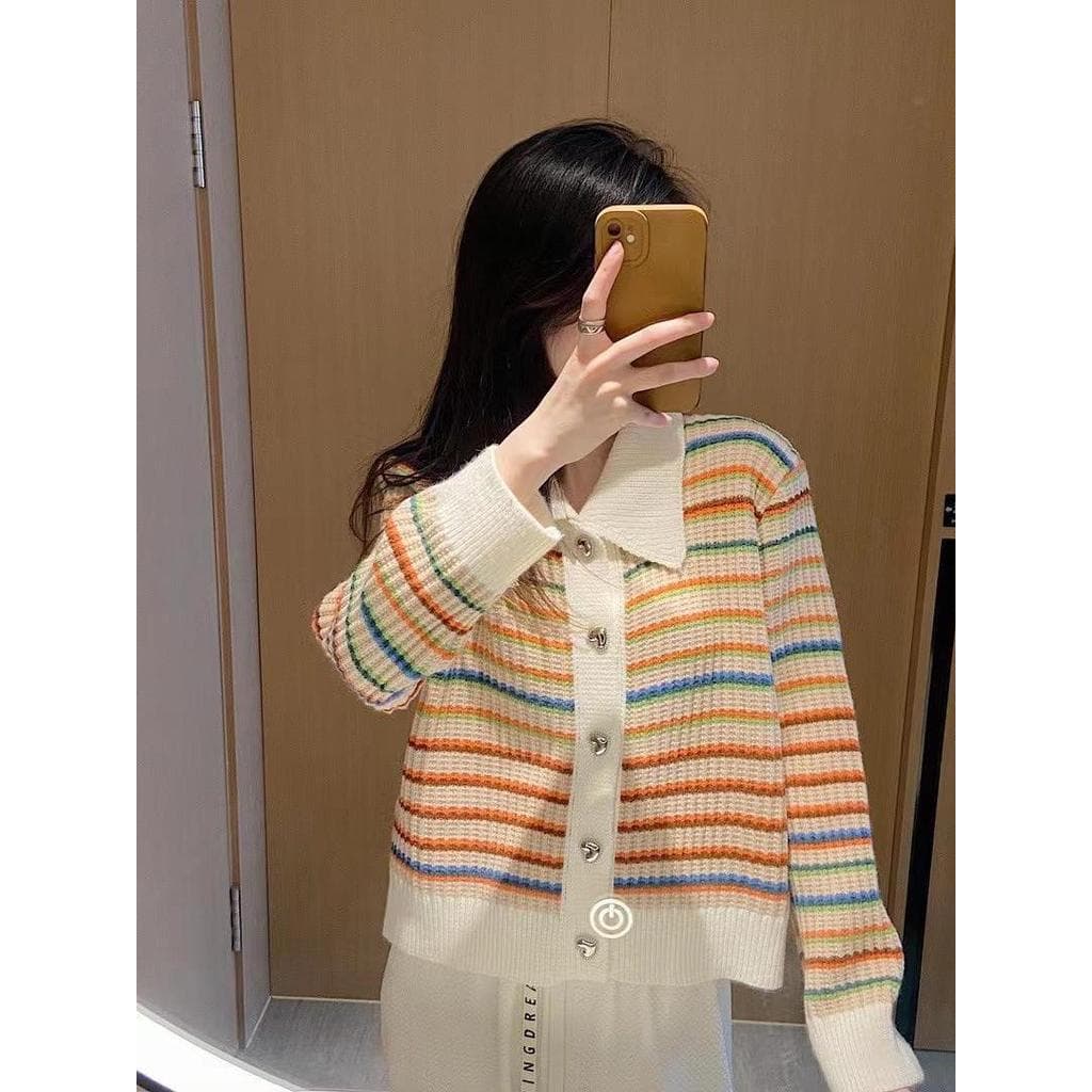 cardigan Listrado Arco-Íris Feminino Moda Feminina Solto De Manga Comprida