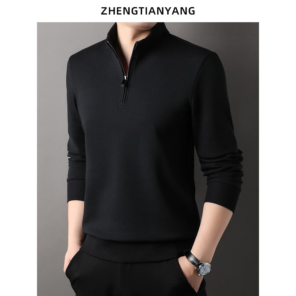 Primavera outono algodão moletom masculino de manga comprida camiseta luz negócios Casual masculino gola alta zíper fund