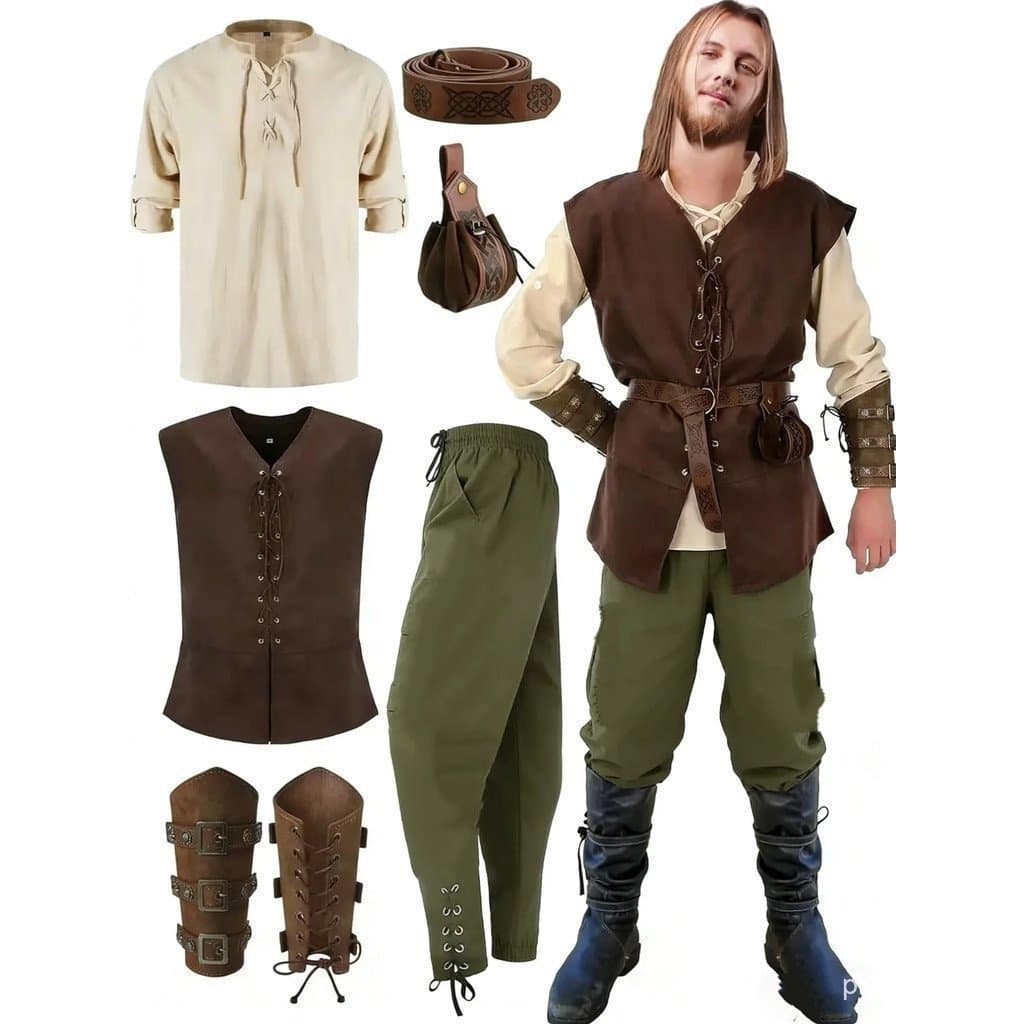 Conjunto de Fantasia Renascentista Masculina, 6 Peças, Colete Medieval, Camisa, Calças com Cinto IIC8
