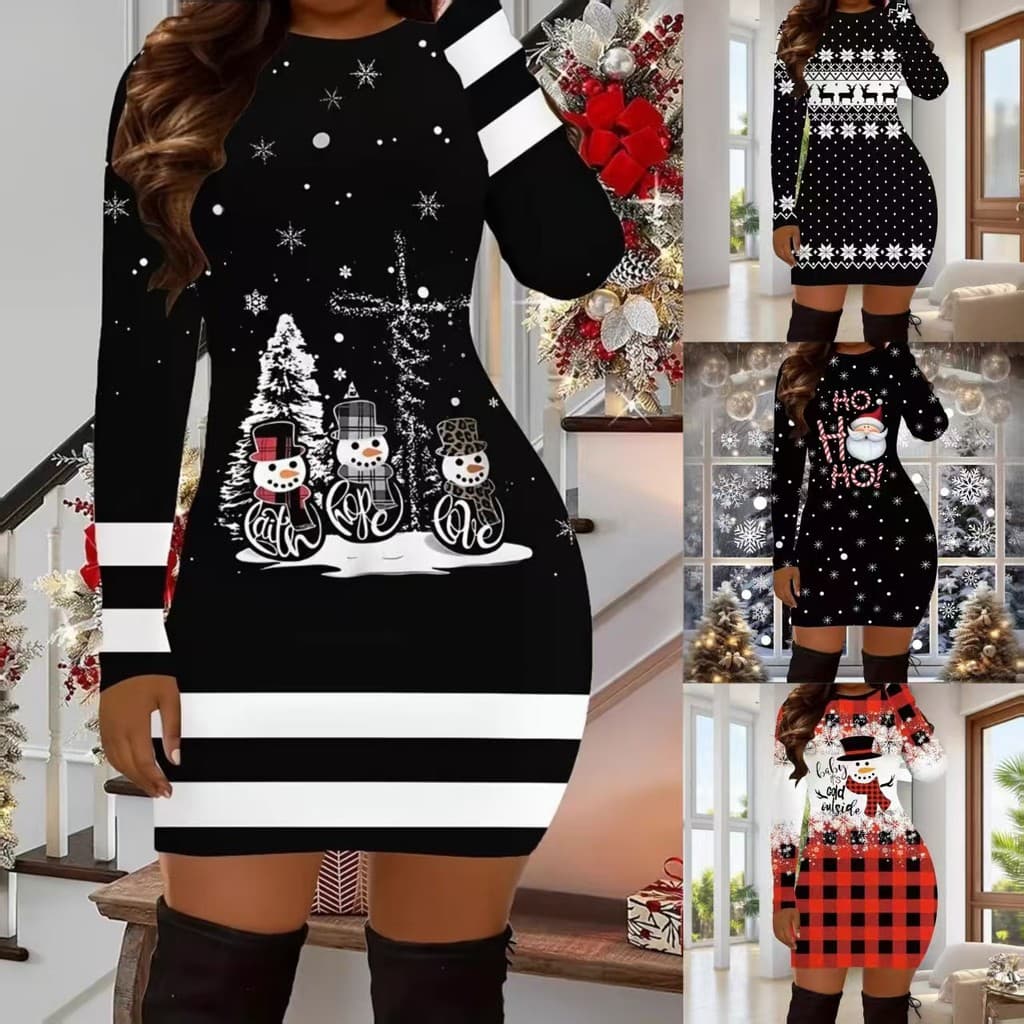 Comércio exterior feminino outono inverno novo estilo de manga comprida impresso vestido de malha de natal