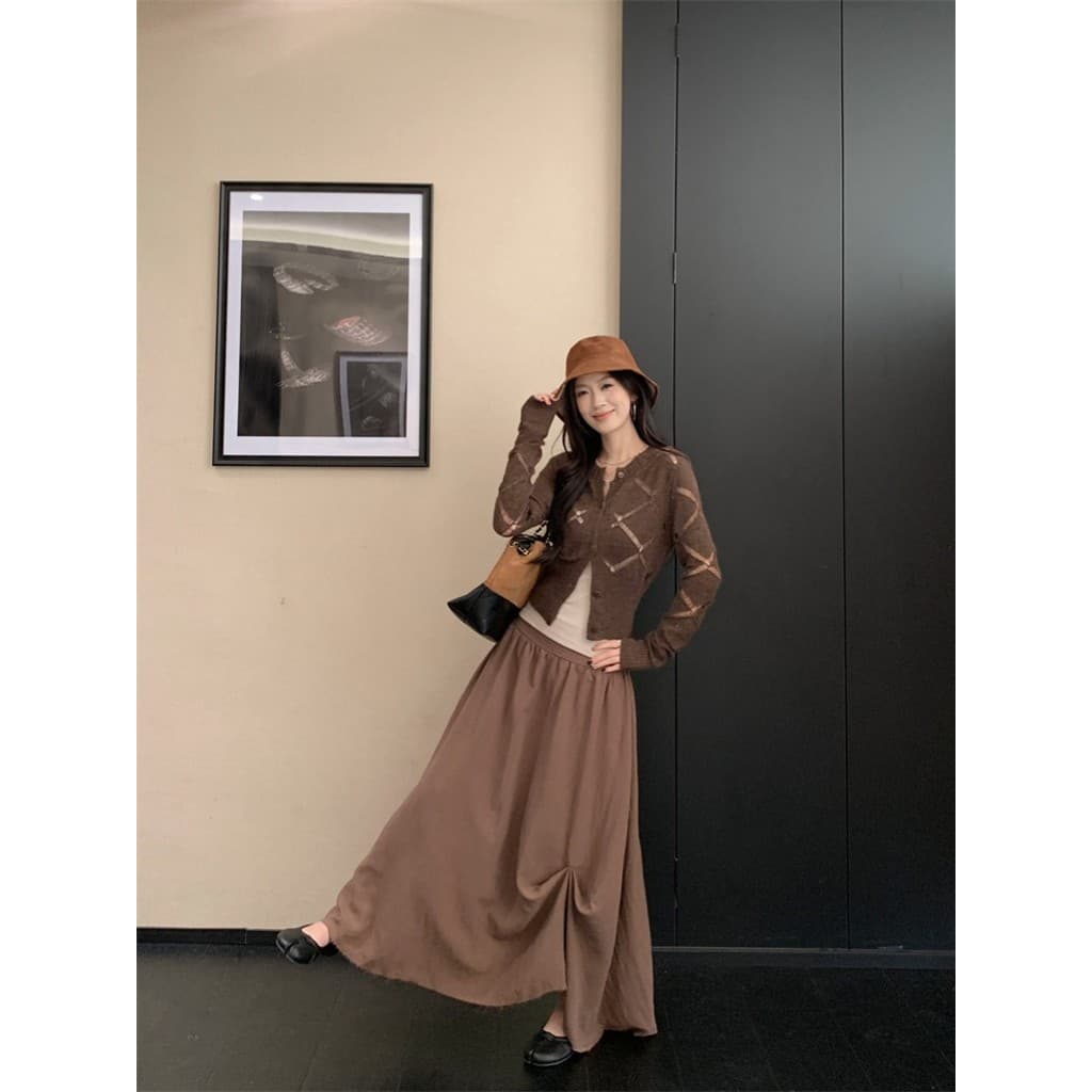 Kumikumi estilo Retro temperamento manga comprida Cardigan camisola interna feminina verão mais magro olhar saia terno d