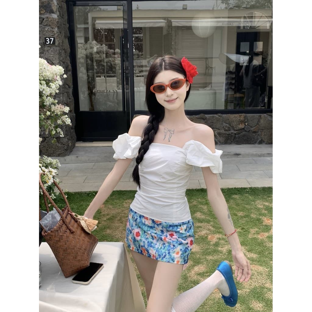 Doce quente menina terno nicho de um ombro superior camisola feminina verão Floral Hip saia terno de duas peças