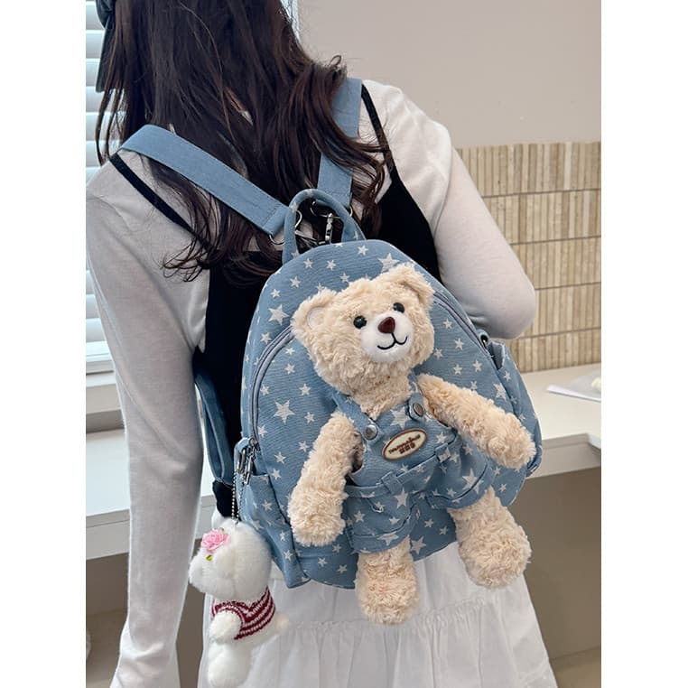 Japonês macio menina dos desenhos animados boneca urso mochila nicho estrela Denim Mini mochila feminina diário Commuter