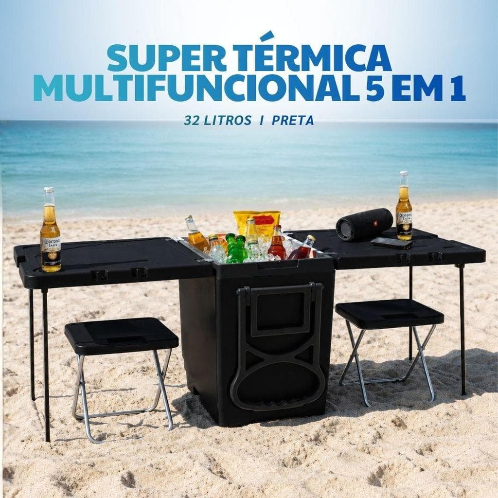 Super Caixa Térmica Cooler Multifuncional 32 Litros 5 em 1 Com 2 Mesas e 2 Banquetas Arqplast Preta All Black