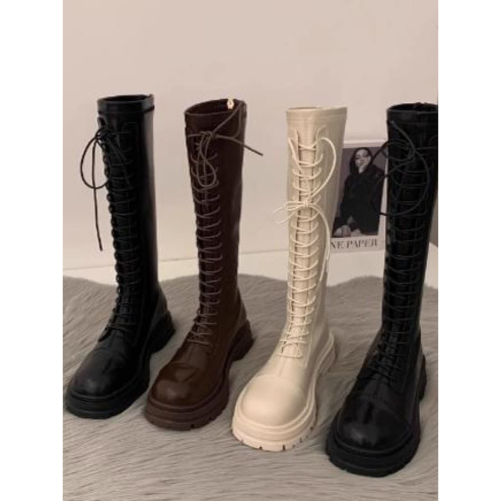 Botas longas de sola grossa sapatos femininos 2024 outono inverno novo estilo forro de lã pequeno fino alto atado longo