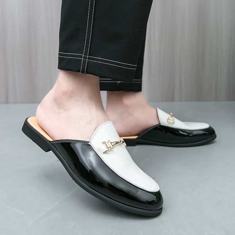 Sandálias masculinas chinelos britânicos meio suporte pequenos sapatos de couro Night Club meio chinelos preguiçosos chi