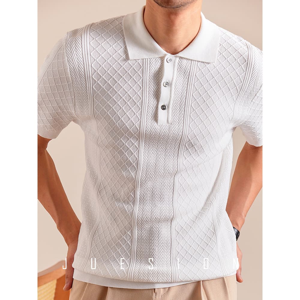 [14 agulhas de alta densidade respirável] JUSION Jacquard Retro Malha POLO Camisa de manga curta masculina cor sólida me