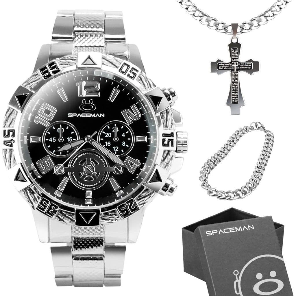 Relogio Masculino Prata Aço Inox + Cordão + Corrente