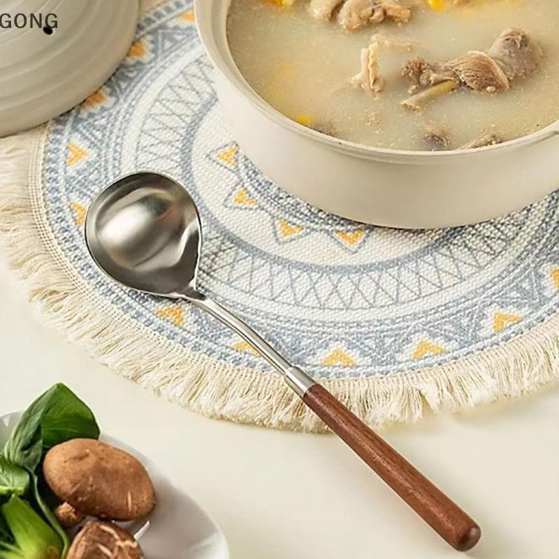 [BI] Colher Com Cabo De Nogueira Em Aço Inoxidável , Rede Vermelha Dourada , Jantar , Longo , Colheres De Sobremesa Para