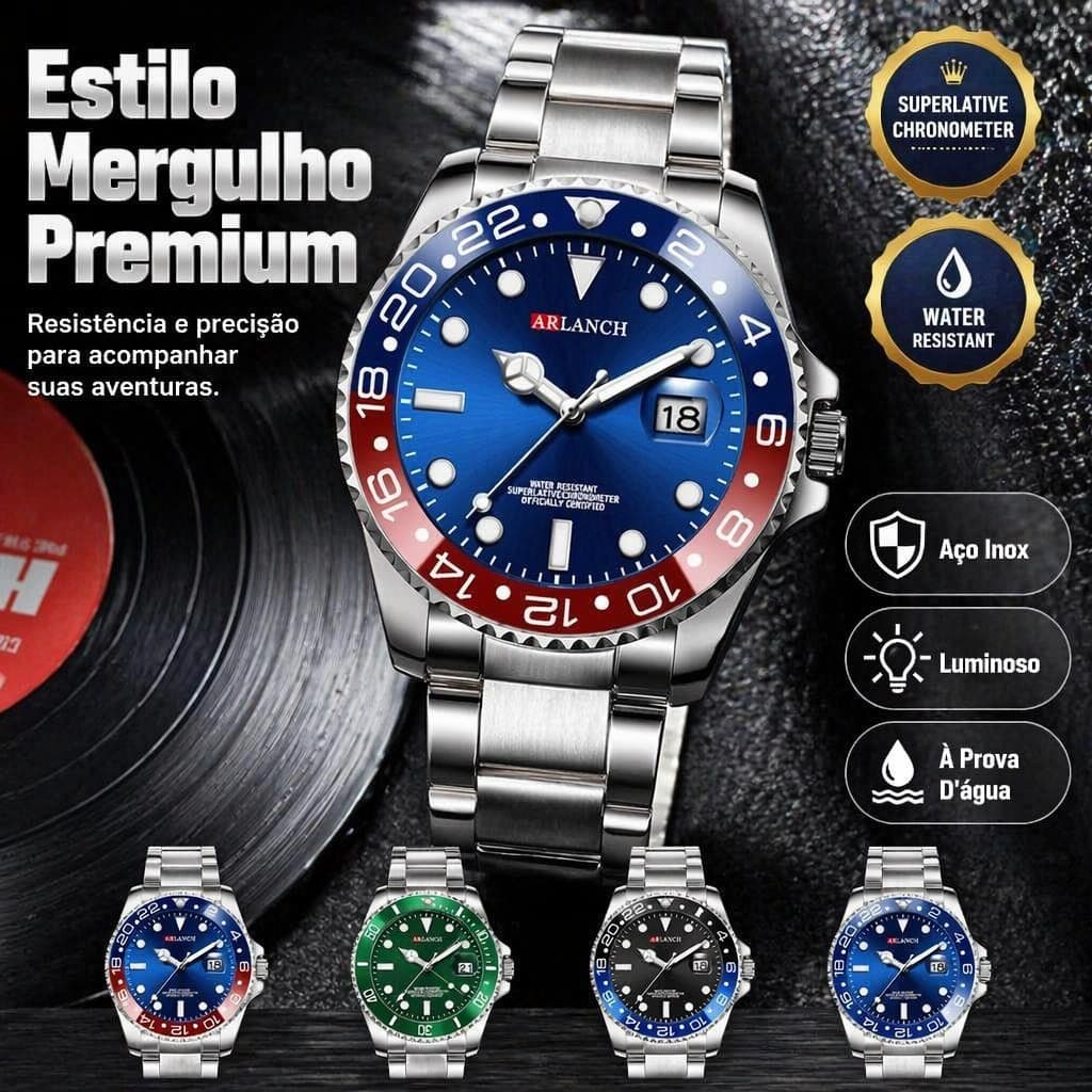 Relógio Masculino Mergulho Quartzo Aço Inoxidável Calendário Luminoso Submarino Esportivo à Prova d'água Cronógrafo
