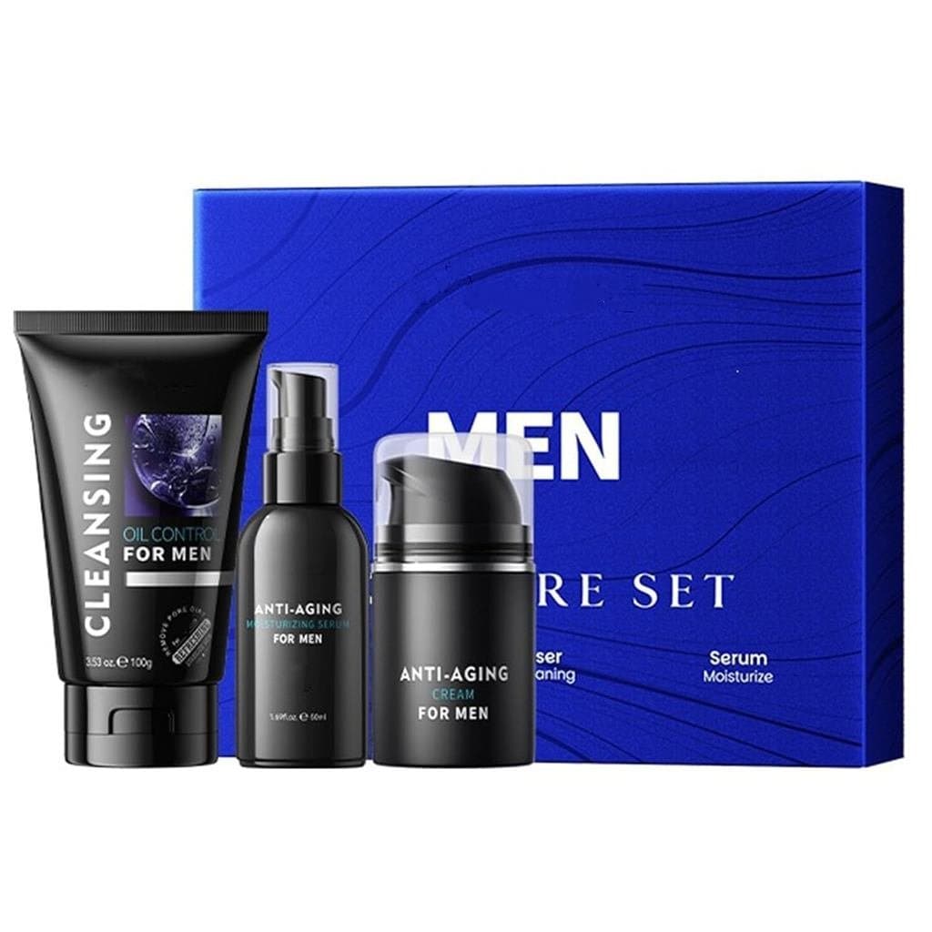 Conjunto de Cuidados com a Pele Masculina, Kit de Rotina Diária de 3 Peças Inclui Limpador, Sérum, Creme Hidratante, Hid