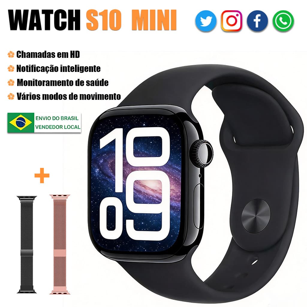 Lançamento Smartwatch Mini S10 Unissex com Chamada Bluetooth, Calculadora, Carregamento sem Fio e Impermeável