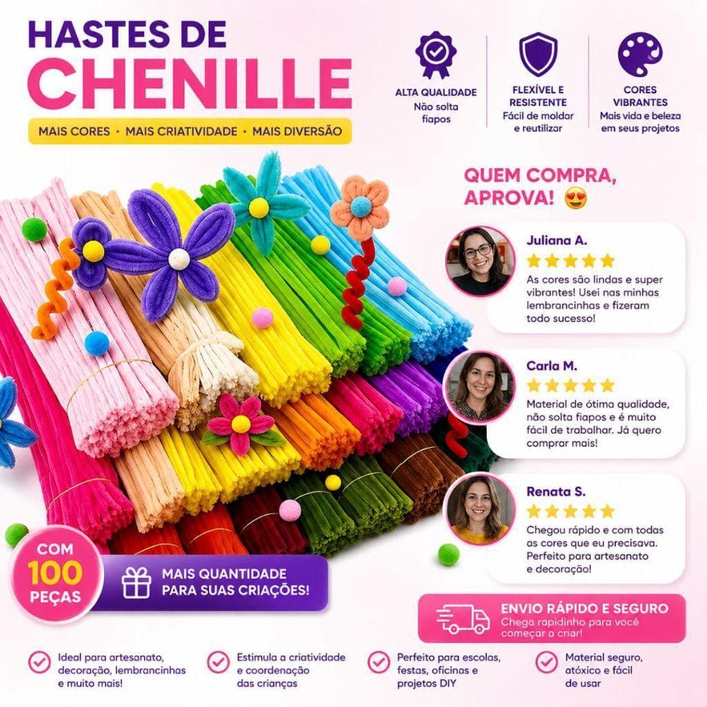 Haste Chenille para Artesanato Colorida Sortidas Kit Com 100 Unidades 30cm x 6mm Limpador De Cachimbos