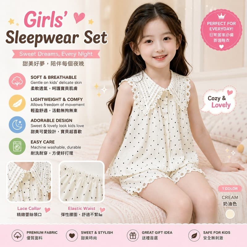 Conjunto de pijama com lapela para menina, doce e fofo, composto por duas peças: camisa de pijama e calça de pijama.