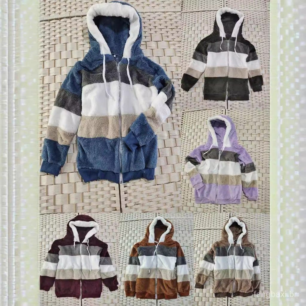 Pronto estoque 2021 novo estilo outono inverno solto pelúcia multicolorido jaqueta com capuz feminino.