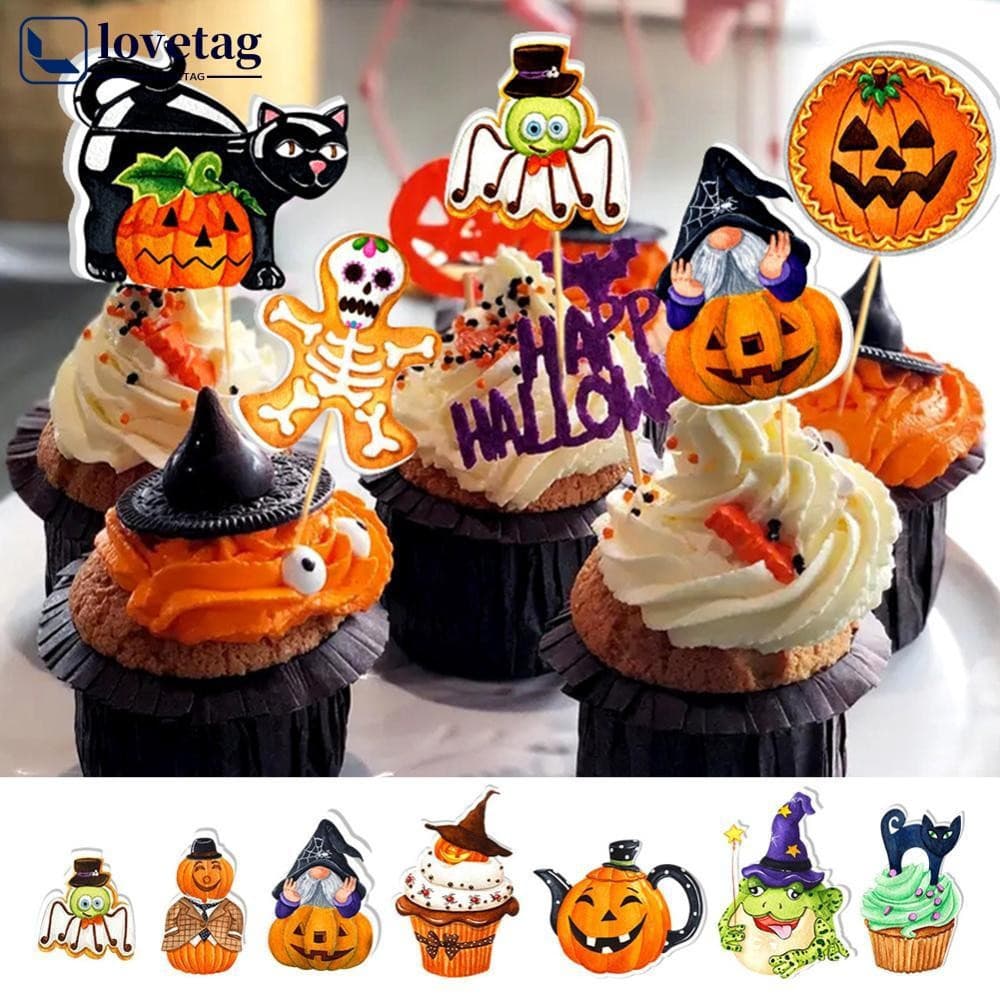 LOVETAG Halloween Bolo Topper 16 Pçs Assustador Fantasma Abóbora Cupcake Decoração Sobremesa Picaretas Eco-Friendly Fest