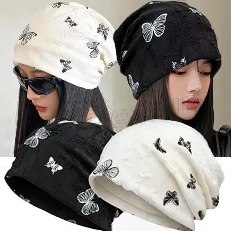 Gorro Despojado Da Moda – Boné Pulôver Com Estampa De Borboleta Elástico , Emagrecimento Facial Chapéu De Malha Quente P
