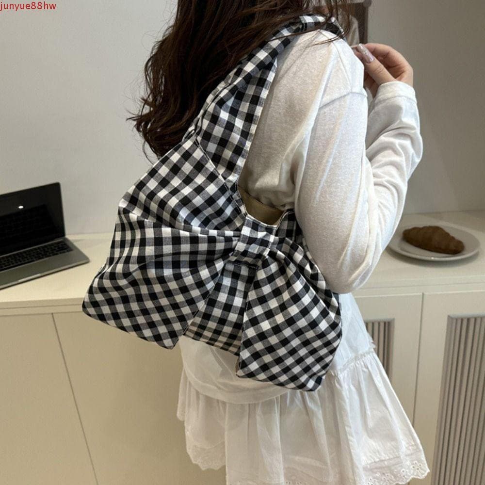 JUNYUE Bolsa De Colete De Lona , Ombro Com Laço Estilo Coreano , Sacola Xadrez De Grande Capacidade Da Moda Em Tecido
