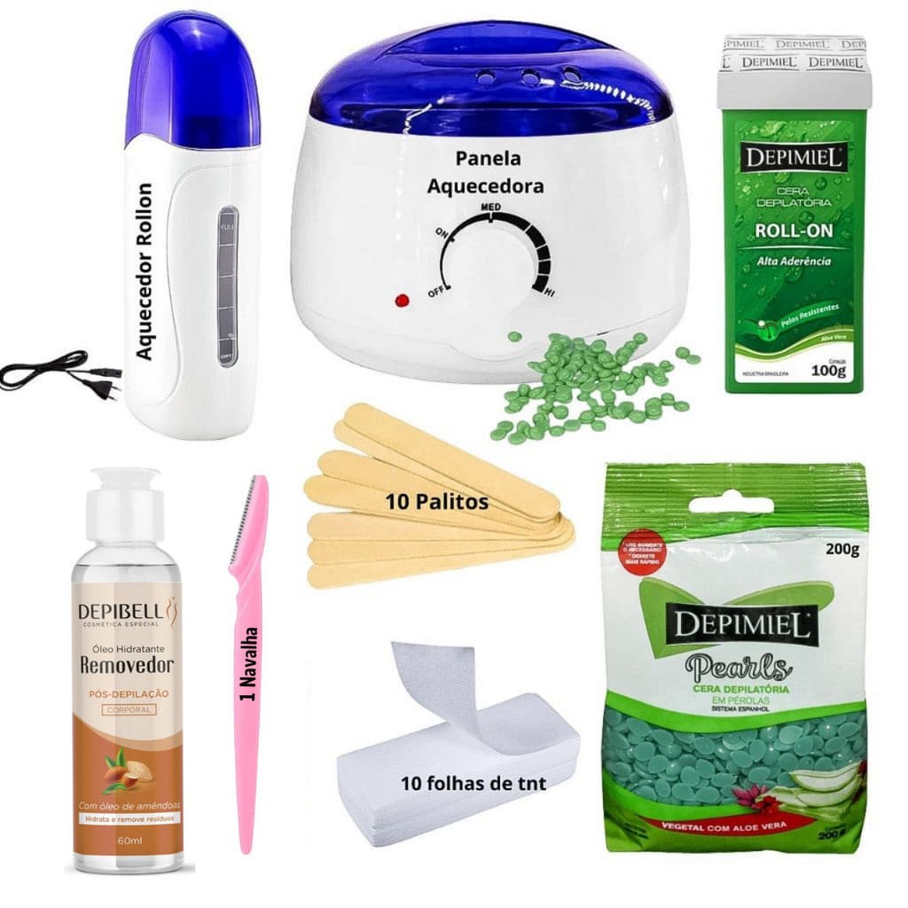 Kit Depilaçao Panela Cera Aloe Vera Quente Depimiel  Palitos Papel removedor