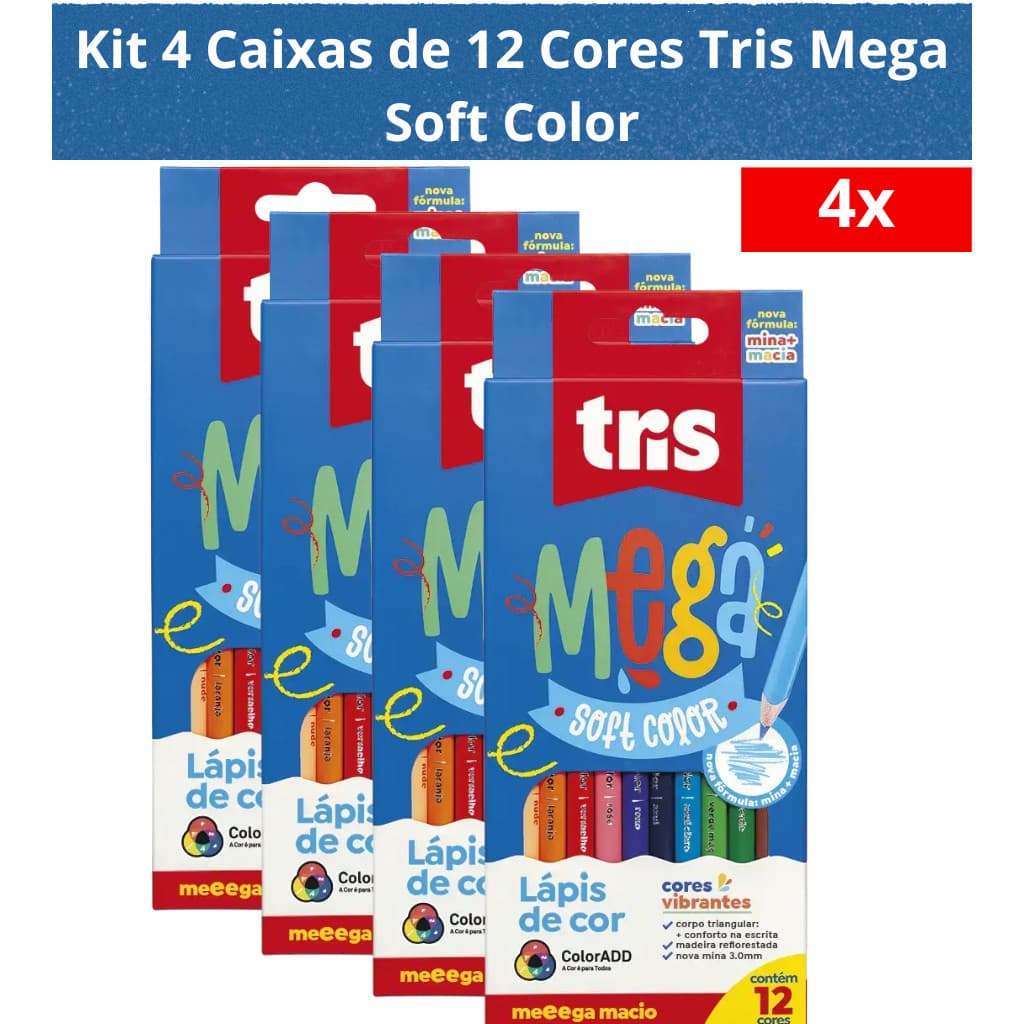 Kit 4 Caixas de Lápis de Cor 12 Cores Tris Super Soft Macio Alta Qualidade Fácil de Apontar  Cores Vibrantes