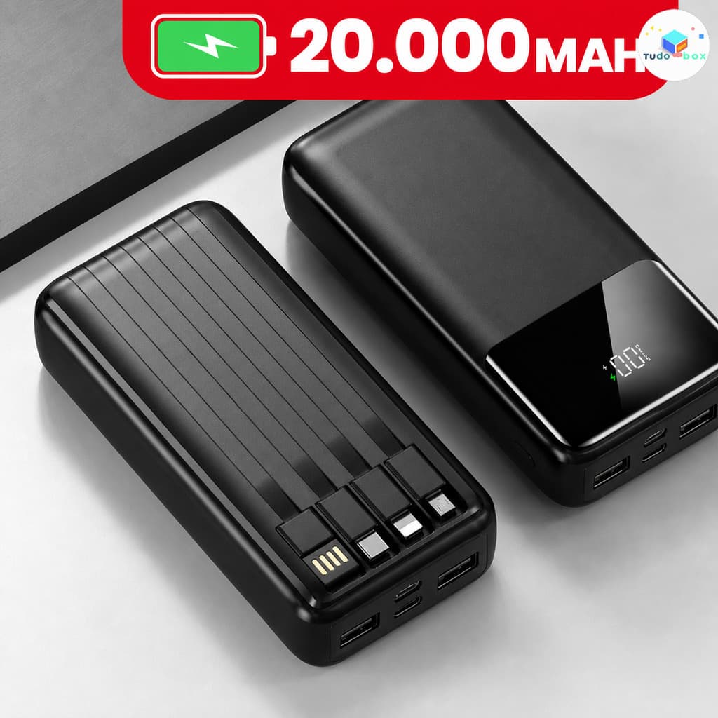 Power Bank 20000mAh: Carregamento Ultra-Rápido, Carregador Portátil, 4 Portas USB e Visor Digital