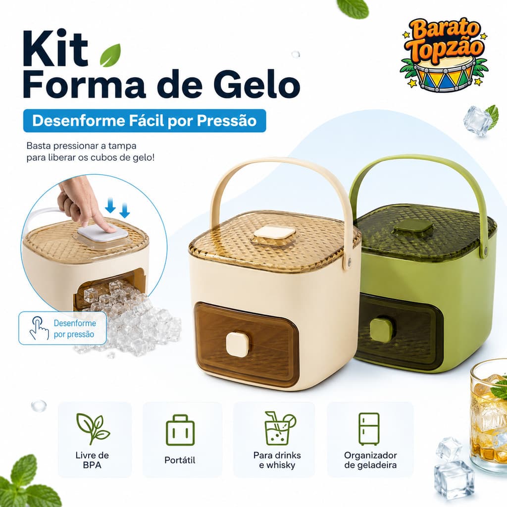 Kit Forma Balde Gelo Tampa Alca Desenforme Pressao Fabricador Cubos Grande Livre BPA Drinks Bar - Envio Imediato