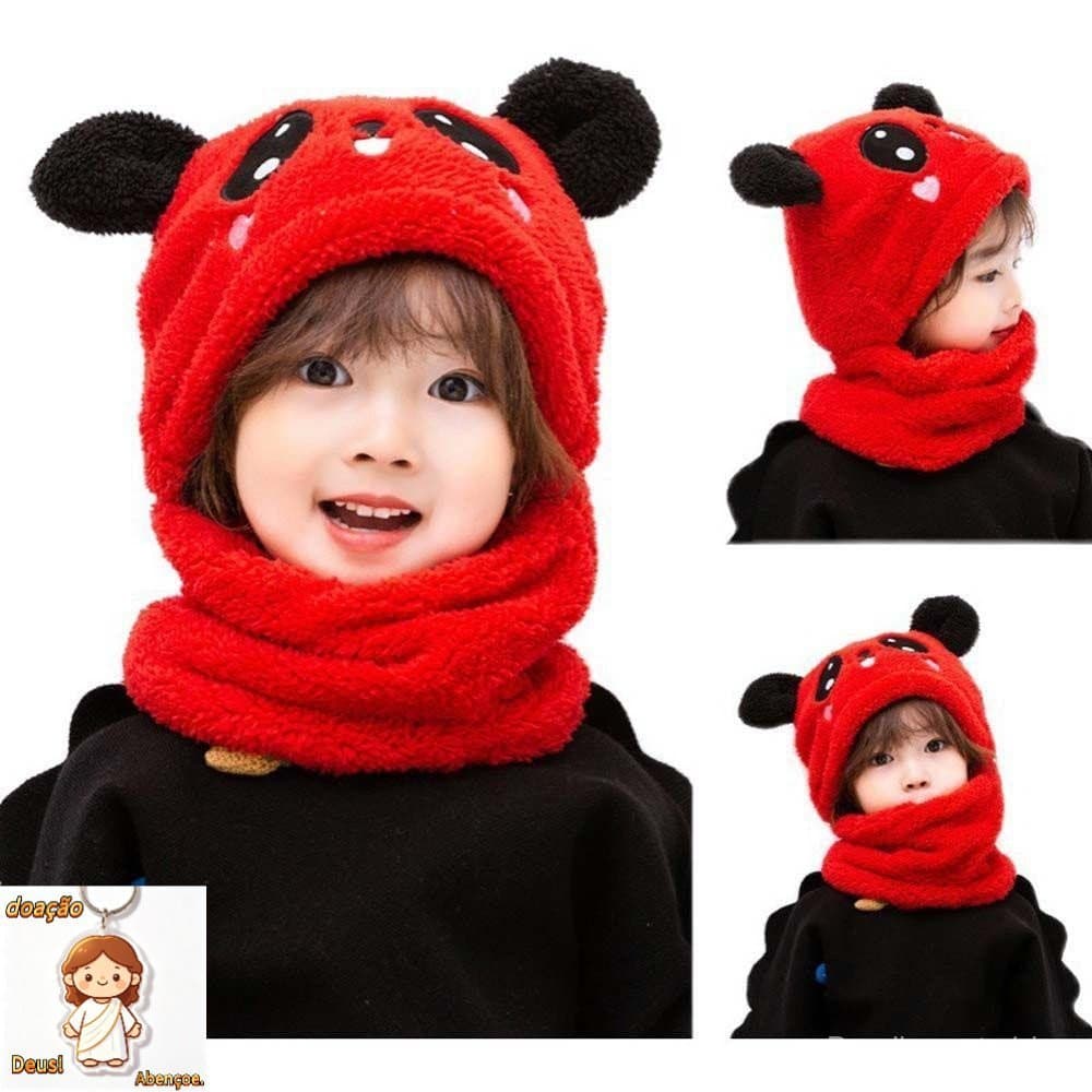 Gorro Panda Infantil Com Cachecol Unissex Inverno Térmico Macio Aconchegante Para Meninas e Meninos