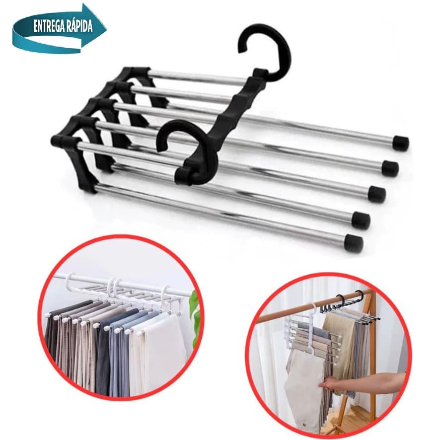 Kit Cabide 5 em 1 Retrátil Multifuncional Organizador Aço Calças Jeans Guarda-Roupa