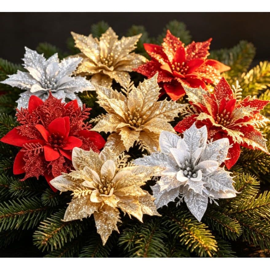 20/10Pcs Flor Artificial de Natal Poinsettia Vermelha com Brilho para Arvore, Guirlanda, Enfeite de Mesa e Festas