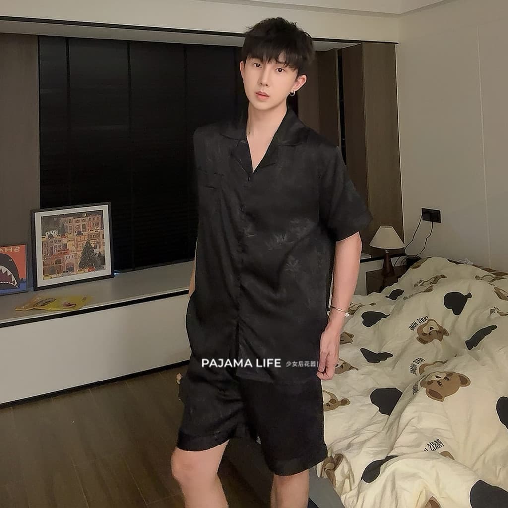 Pijamas de folha de bambu preto masculino verão pijamas de seda gelo Shorts de manga curta estilo fino masculino verão H