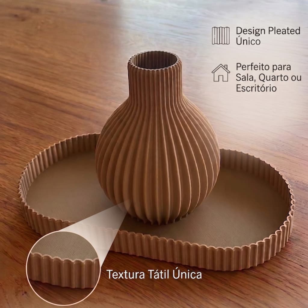Kit Vaso Decorativo Impresso em 3D em PLA com Bandeja Minimalista para Decoração Moderna