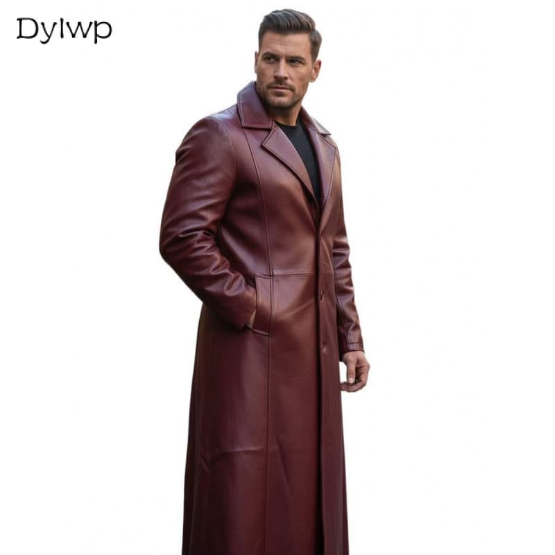 Casaco Longo Masculino De Couro PU Manga Comprida Jaqueta Sintético Casual Inverno Outwear Com Gola De Lapela-*