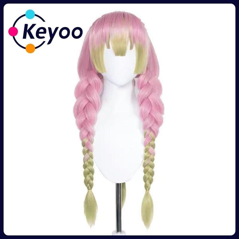[ KEYOO ] Peruca de Cosplay de Demônio, Kimetsu no Yaiba Long Demon Slayer, Mitsuri Kanroji Verde Rosa