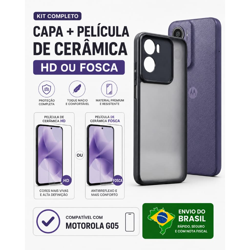 Kit Capa capinha translucida preto Premium motorola G05+Película Cerâmica HD/Fosca