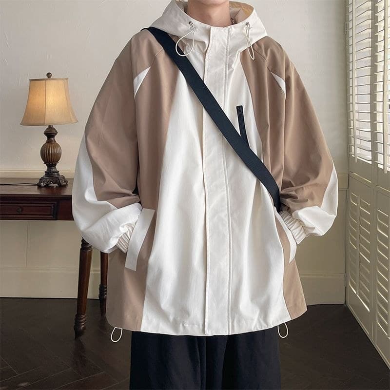 Primavera outono estilo jaqueta com capuz com zíper jaqueta masculina solta tamanho grande oversize contraste cor combin