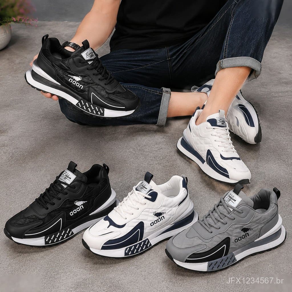 Tênis esportivos masculinos com solas grossas, tecido de malha respirável, estilo casual, sola macia, confortáveis, que