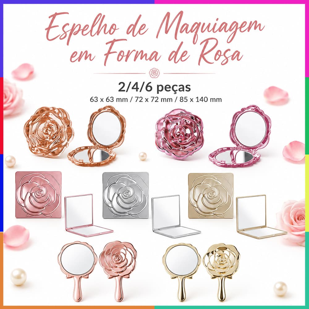 Conjunto 2/4/6 Espelhos Florais Portáteis 63x63/72x72/85x140 mm, Compactos para Maquiagem e Sobrancelhas