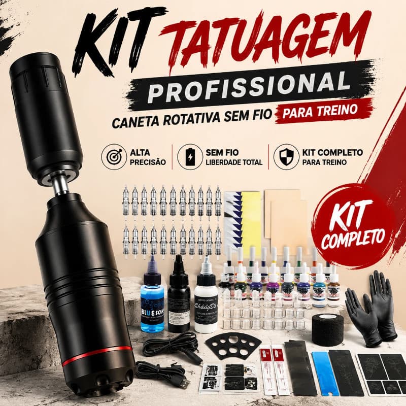 Kit Tatuagem Profissional Completo Caneta Rotativa Sem Fio Com Acessórios Treino
