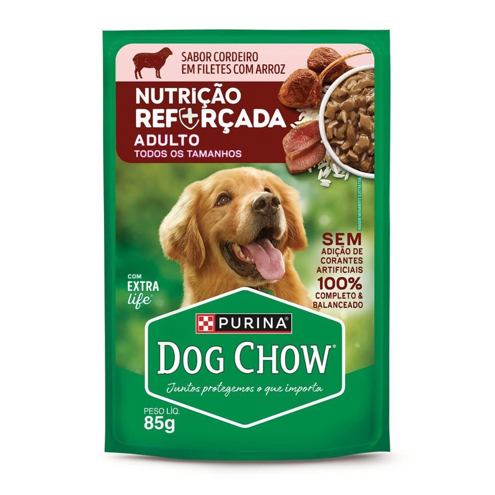 Ração Úmida para Cachorro Dog Chow Nutrição Reforçada Adultos Extra Life Sabor Cordeiro em Filetes com Arroz Sachê 85g