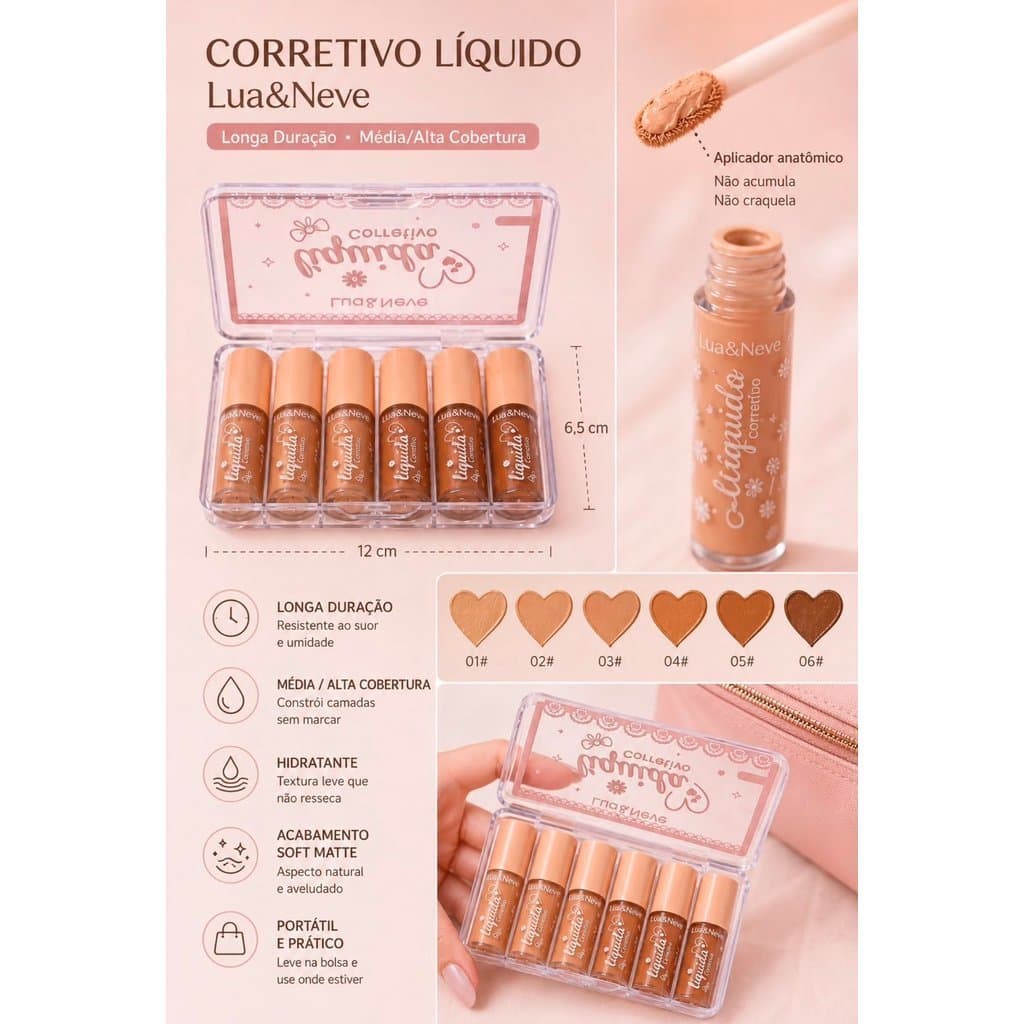 Kit Corretivo Liquido Facial 6 Tons Acabamento Soft Matte Hidratante com Estojo Suporte