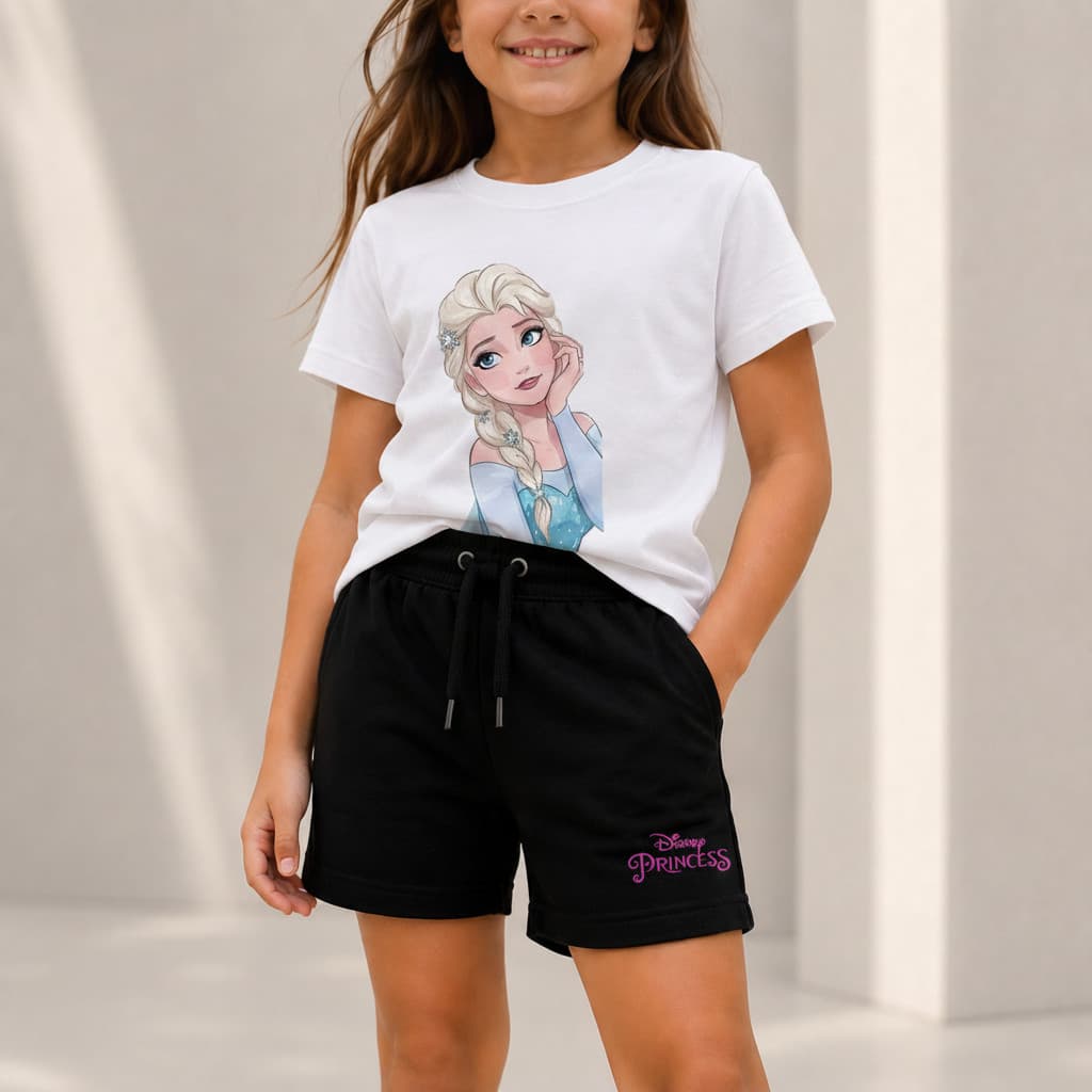 Kit Camiseta Infantil Elsa Frozen Menina e Bermuda Moletinho