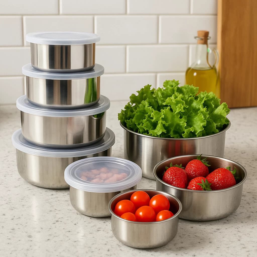 Conjunto com 5 Potes Redondos em Aço Inox com Tampa para Alimentos Mantimentos e Organização Cozinha