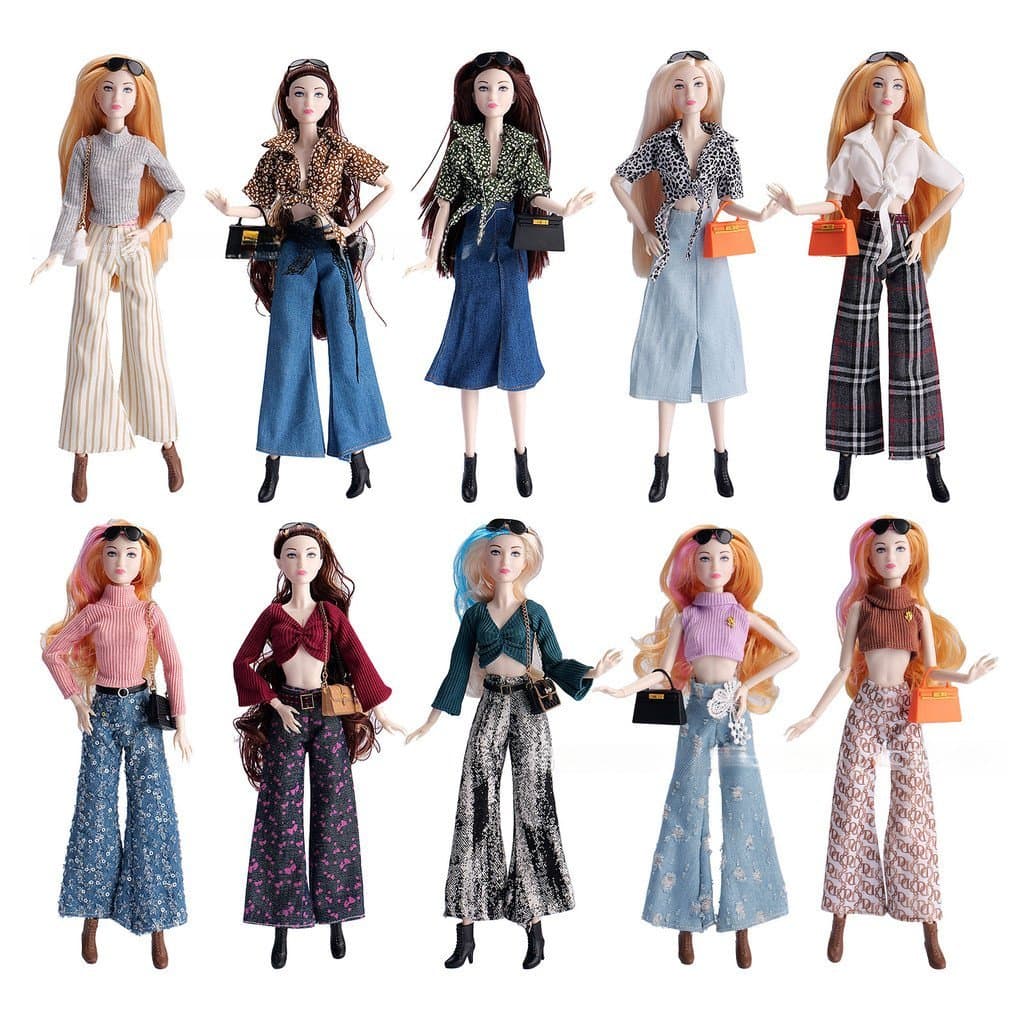 Kit Moda Verão Boneca 30cm Top + Calça Flare, Acessórios Completos Bolsa Botas Óculos