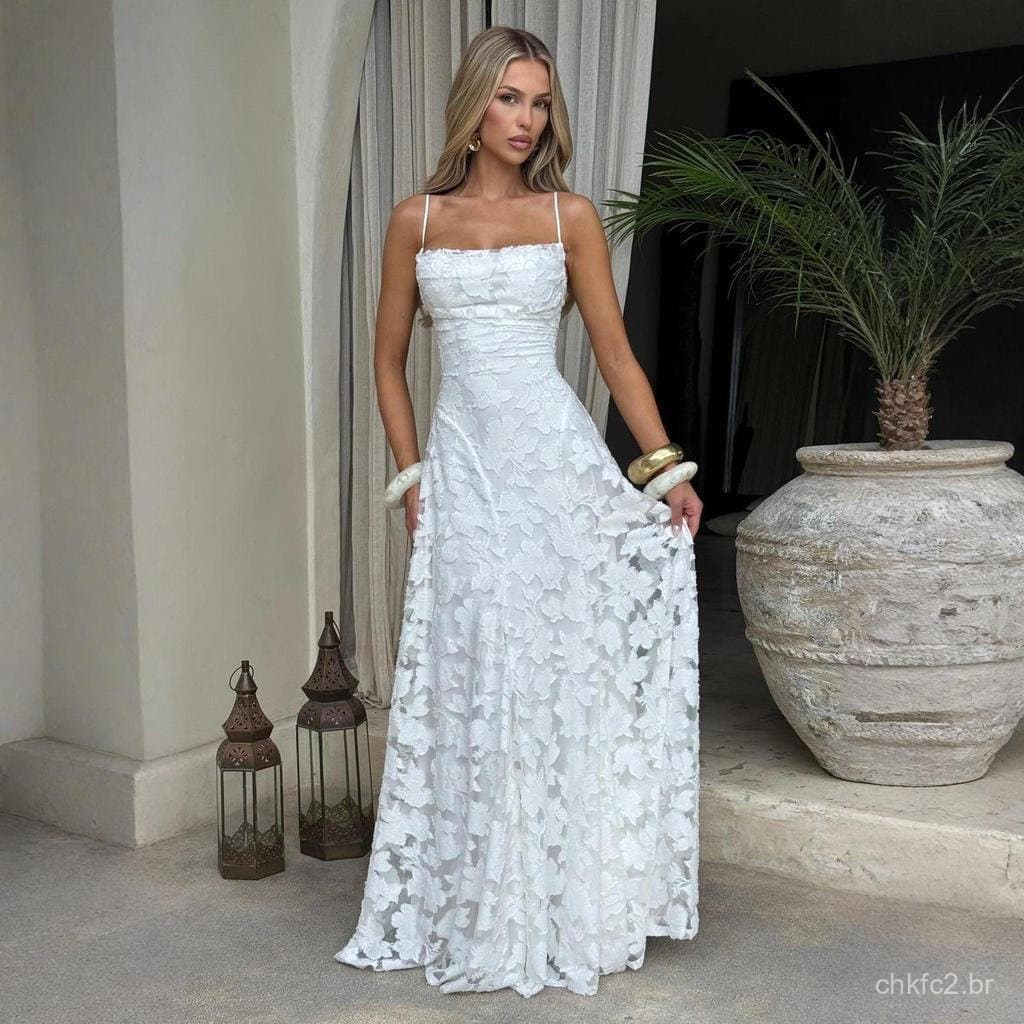 ​Vestido Longo Feminino Fino Chiffon Costas Abertas Alça Fina - Decote Festa Verão Elegante - Tecido Confortável​