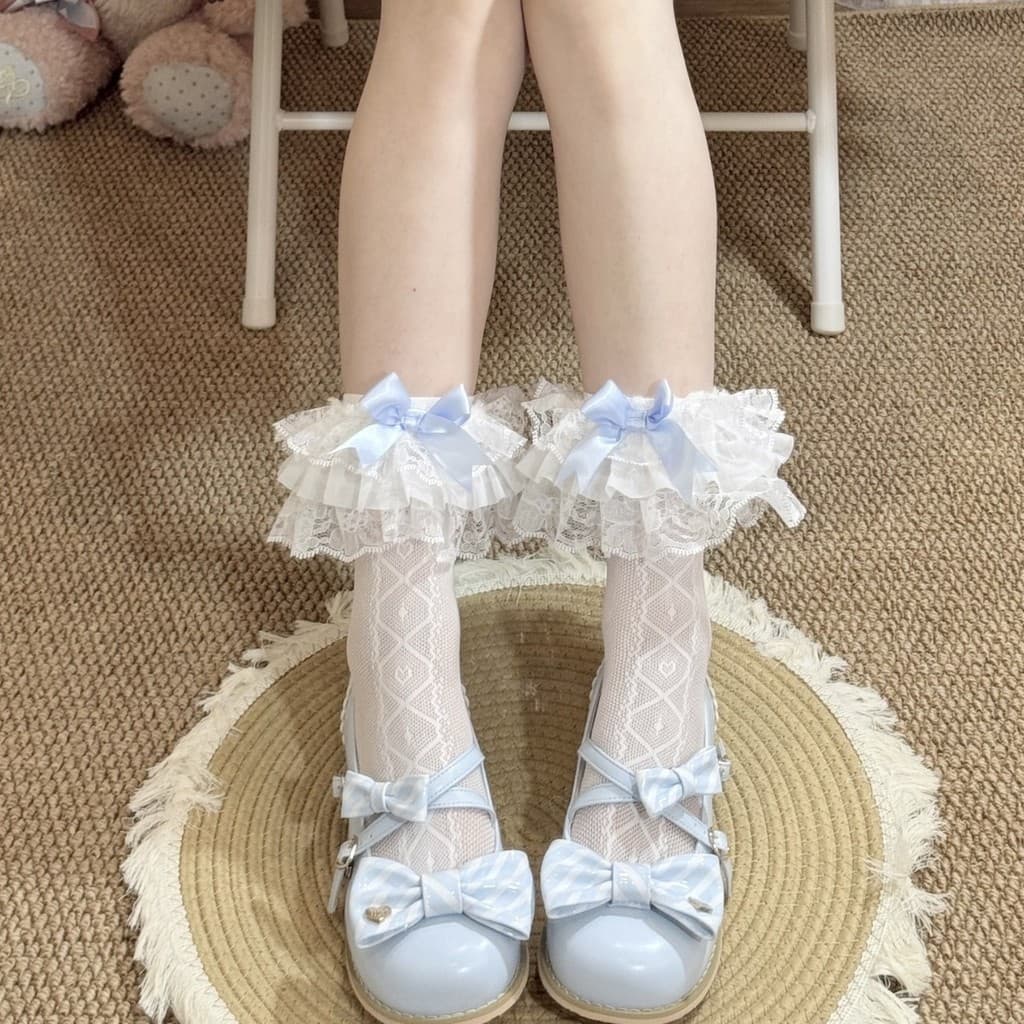 Meias de cano médio Lolita de verão com laço e acabamento de renda, padrão vertical cruzado em jacquard, meias de cano m