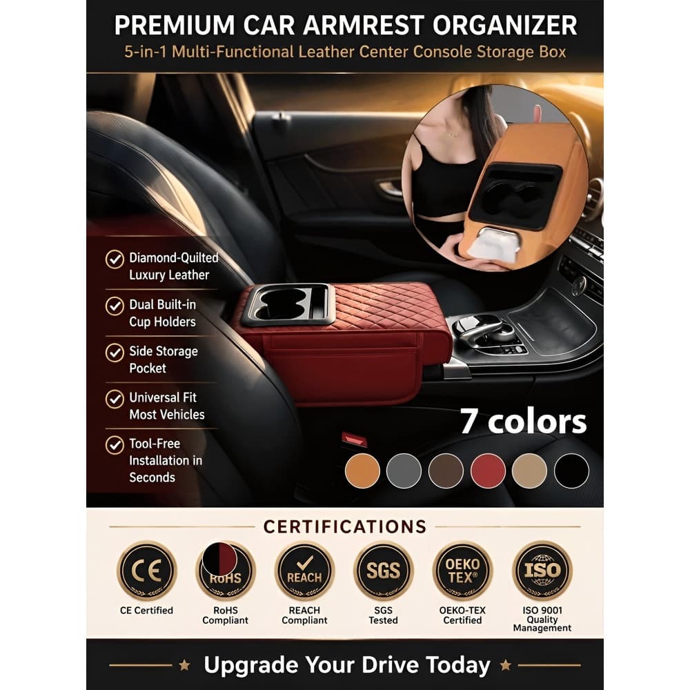 【Para Carros】[5 em 1 Multifuncional] Apoio de Braço/Caixa de Armazenamento de Couro/Automóvel