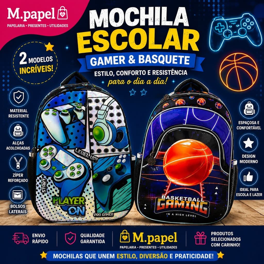 Mochila Escolar Infantil Masculina Gamer Basquete Costas Reforçada Alças Acolchoadas Volta às Aulas Menino Masculino